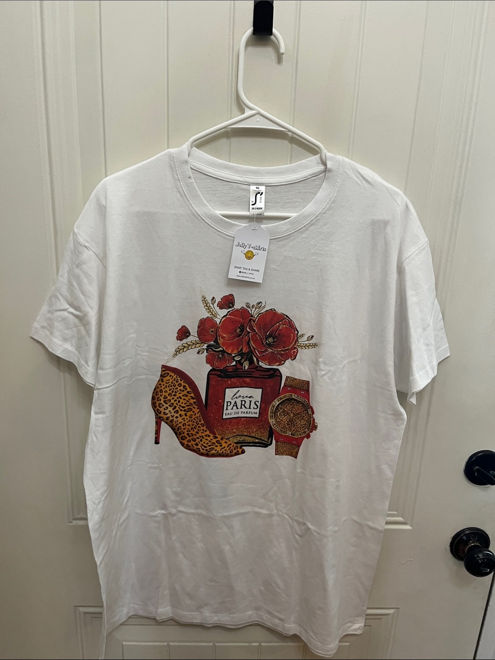 White Short Sleeve Graphic Tee with Red Floral & Leopard Shoe Motif